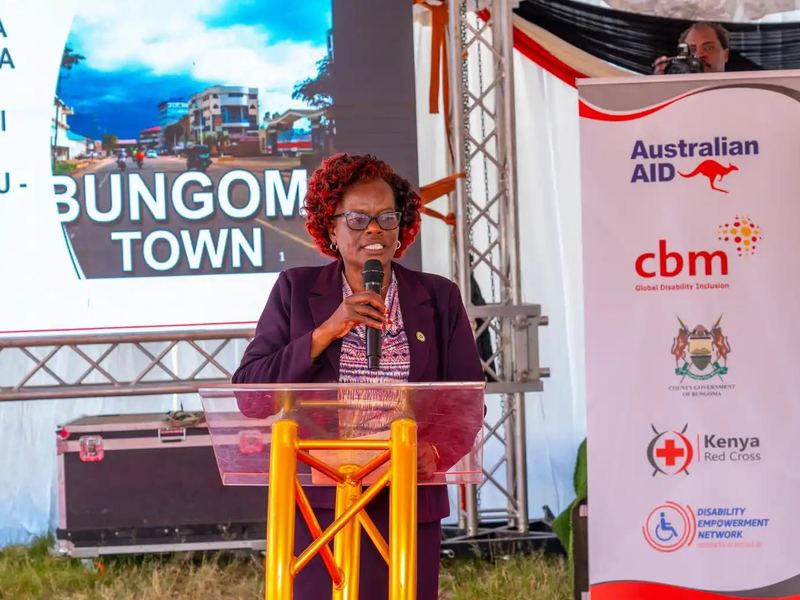 A speaker in a purple suit addresses guests at the podium, with a Bungoma Town slide and partner banner behind her
